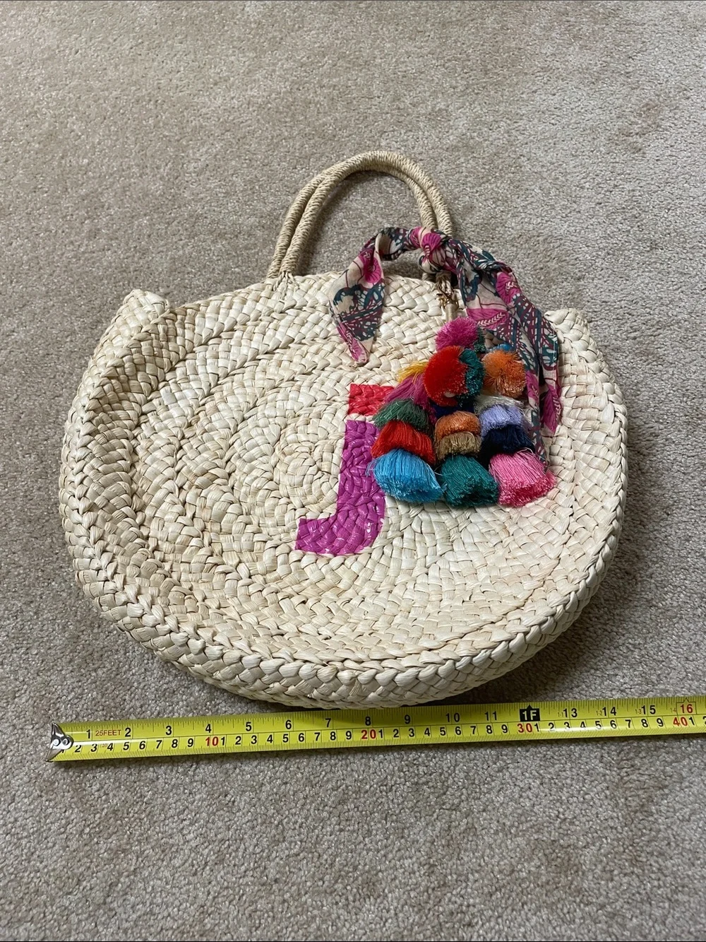 Maud Fourier Paris for Anthropologie  Round Straw Tote with Initial “J”